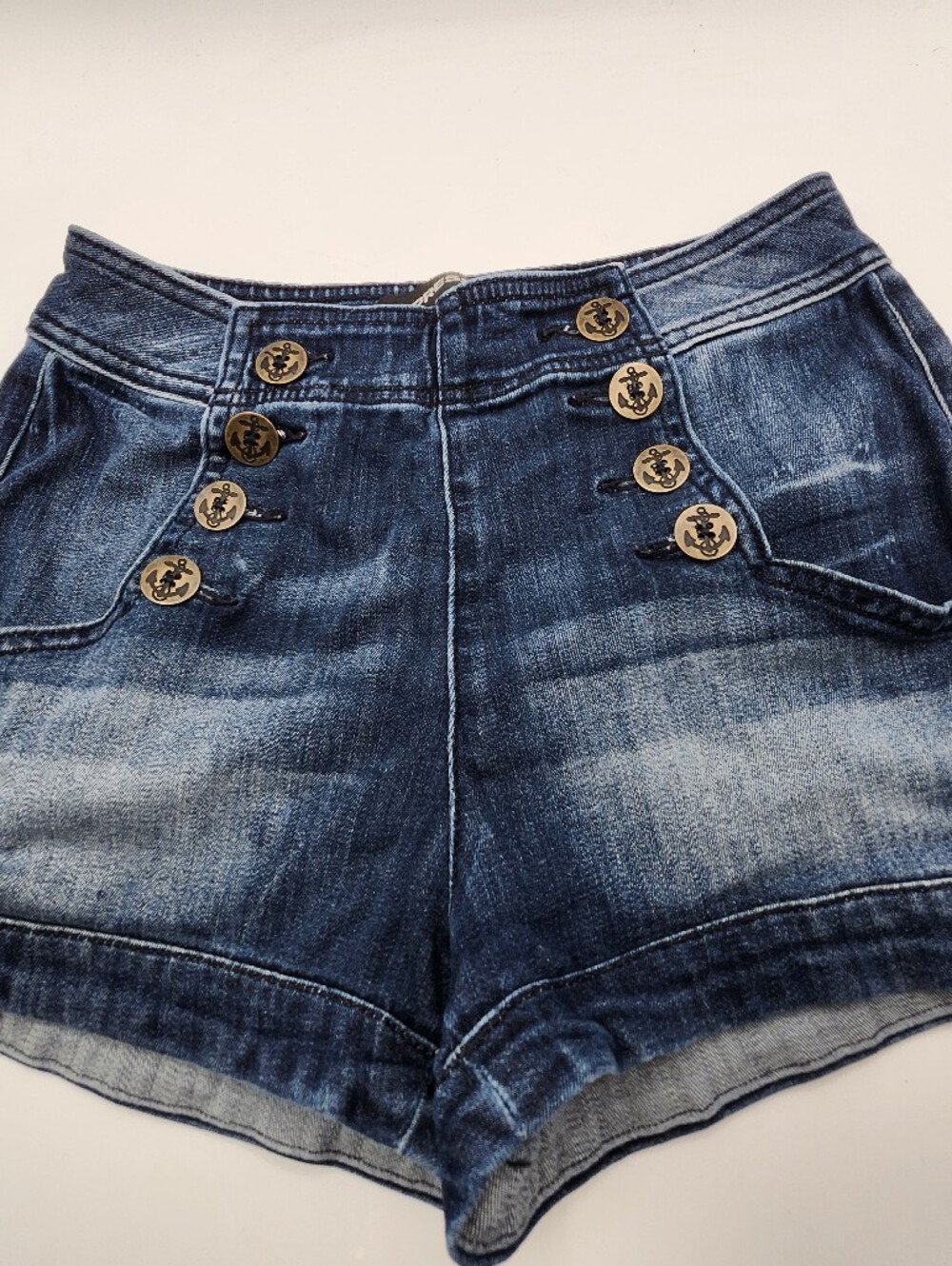 Express Jeans High-Waist Dark Blue Denim Shorts with Anchor Buttons